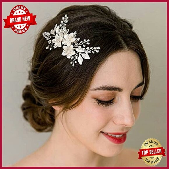 Handmade Wedding Hair Comb & Pins Set with Crystals & Ceramic Flowers main image 4